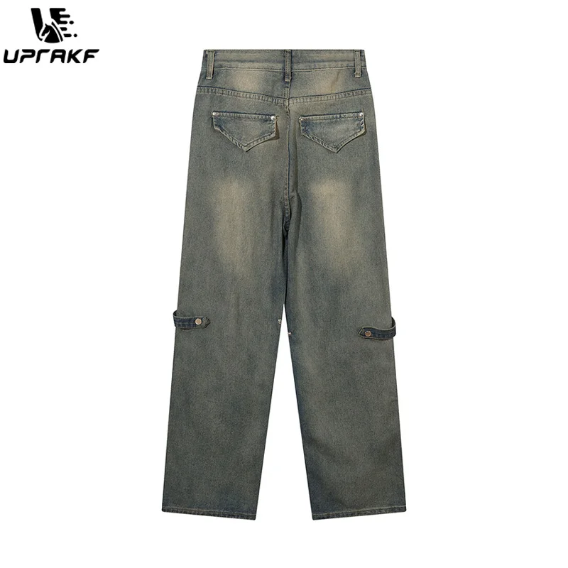 UPRAKF Washed Vintage Wide Leg Jeans Streetwear Denim Baggy Pants High Waist Casual Fashion Trousers Straight
