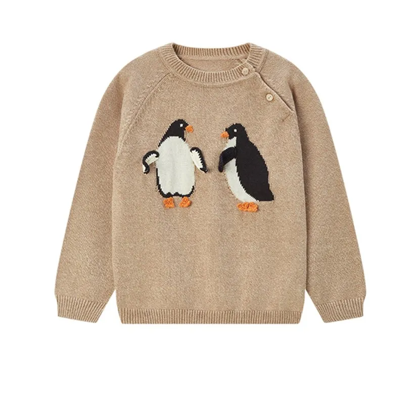 kids girls clothes baby sweaters soft cute Cartoon Penguin Pattern Light Brown Knitted Sweater boys sweaters