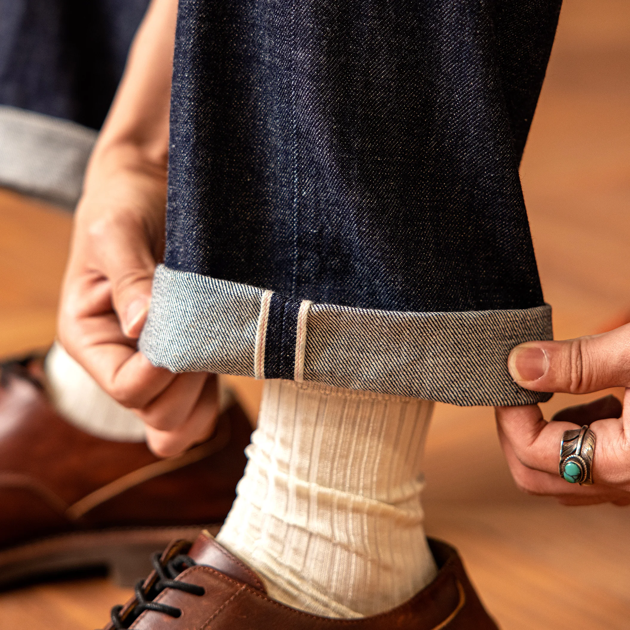 S1000XX-0002 RedTornado High Waist Indigo Selvage Washed 14oz Pants Sanforised Thick Loose Fitting Raw Denim Jean