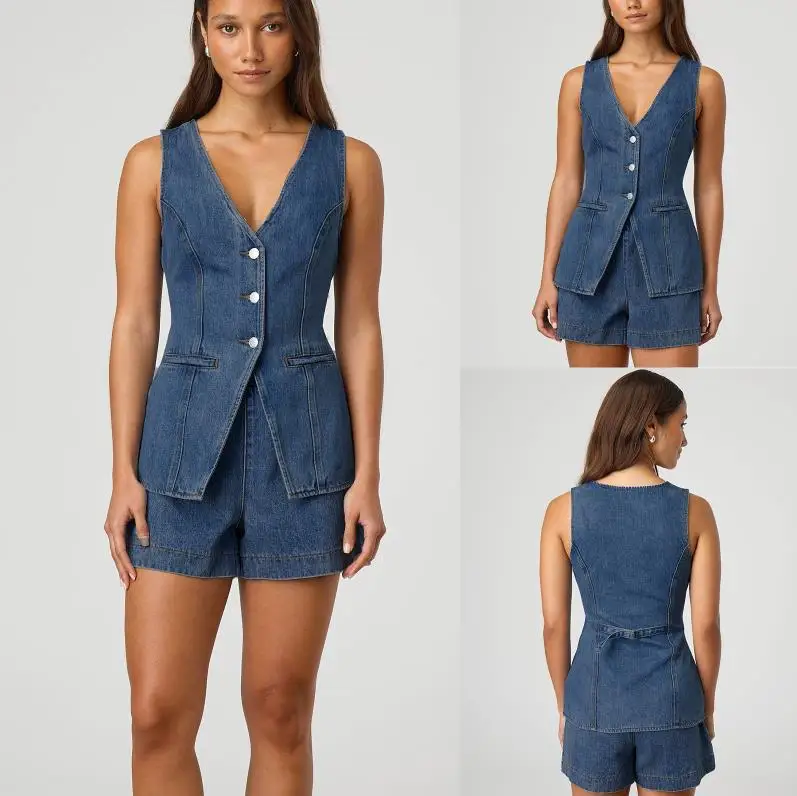 

Vest Tops Sets Women Summer Denim 2 Piece Sets Outfits Sleeveless Waist Vests High Waist Loose Denim Shorts Suit Clothing
