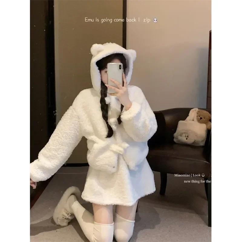 

Sweet Girl Plush Suit Women's Winter Cat-ear Shaped Hooded Loose Coat High Waist Mini Skirt Two-piece Set Fashion Female Clothes