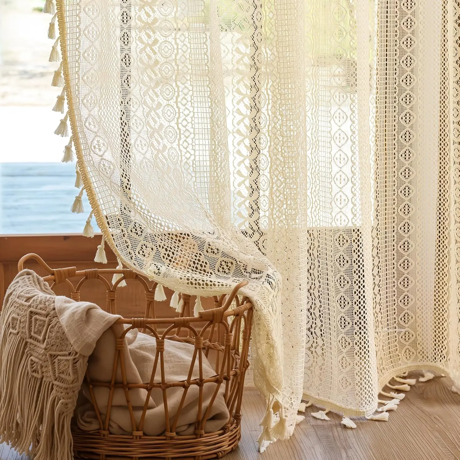 Boho Curtain Crochet Lace Semi-sheer Hollow Out Knitted Tassels Curtain For Living Room,vintage Light Filtering Rod PocketJJ2480