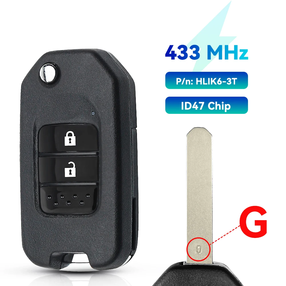 KEYYOU Flip 2/3 Tasten Für Honda Civic Accord City CR-V Jazz XR-V Vezel HR-V FRV Remote Key 434Mhz ID47 Chip HLIK6-3T/TWB1G721