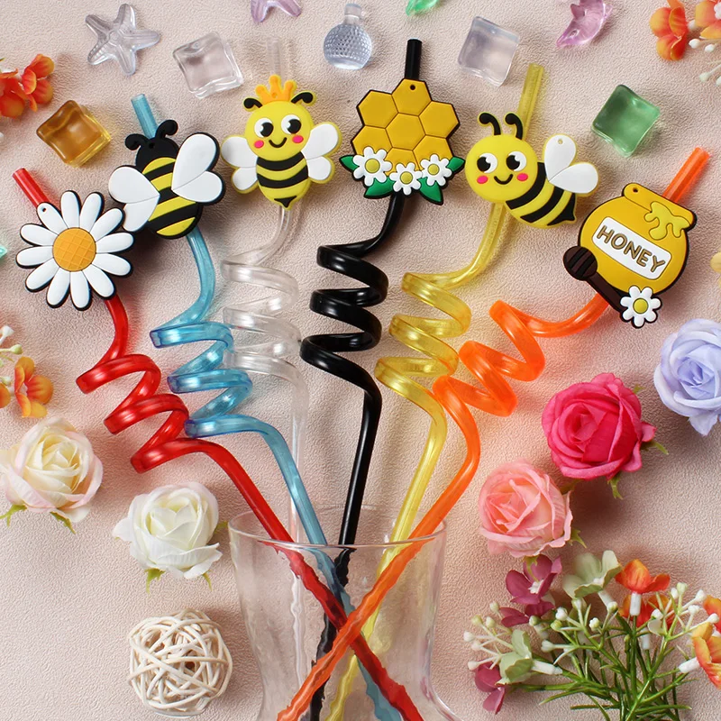 6pcs Bee-themed straws. Reusable spiral straws, perfect for birthday parties, bars, weddings, and other occasions.