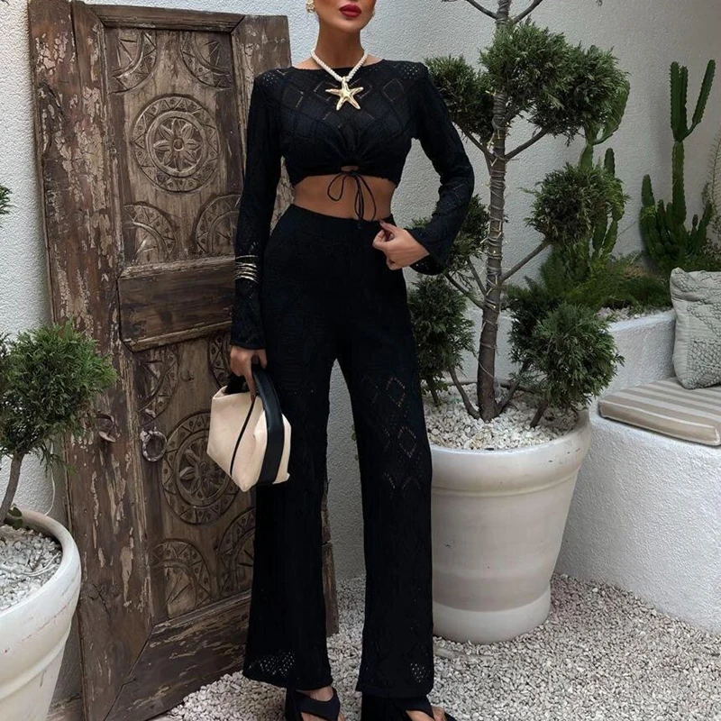 

Spring Commuting 2 Piece Suit Sexy O Neck Long Sleeve Crop Tops & Drawstring Pants Set Leisure Holiday Beach Solid Women Outfits