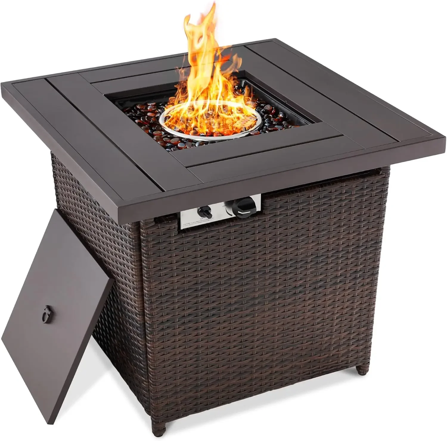 28in Gas Fire Pit Table, 50,000 BTU Outdoor Wicker Patio Propane Firepit w/Faux Wood Tabletop, Clear Glass Rocks, Cover