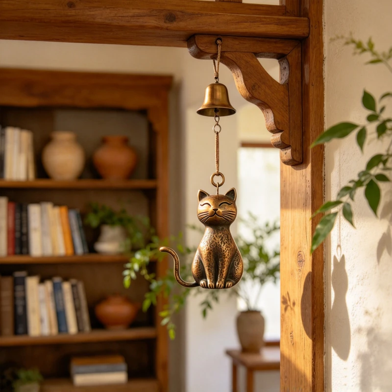 Antique Bronze Sitting Cat Figurine Wind Chime Metal Hanging Bell Ornament for Garden Patio Balcony Porch Home Decoration