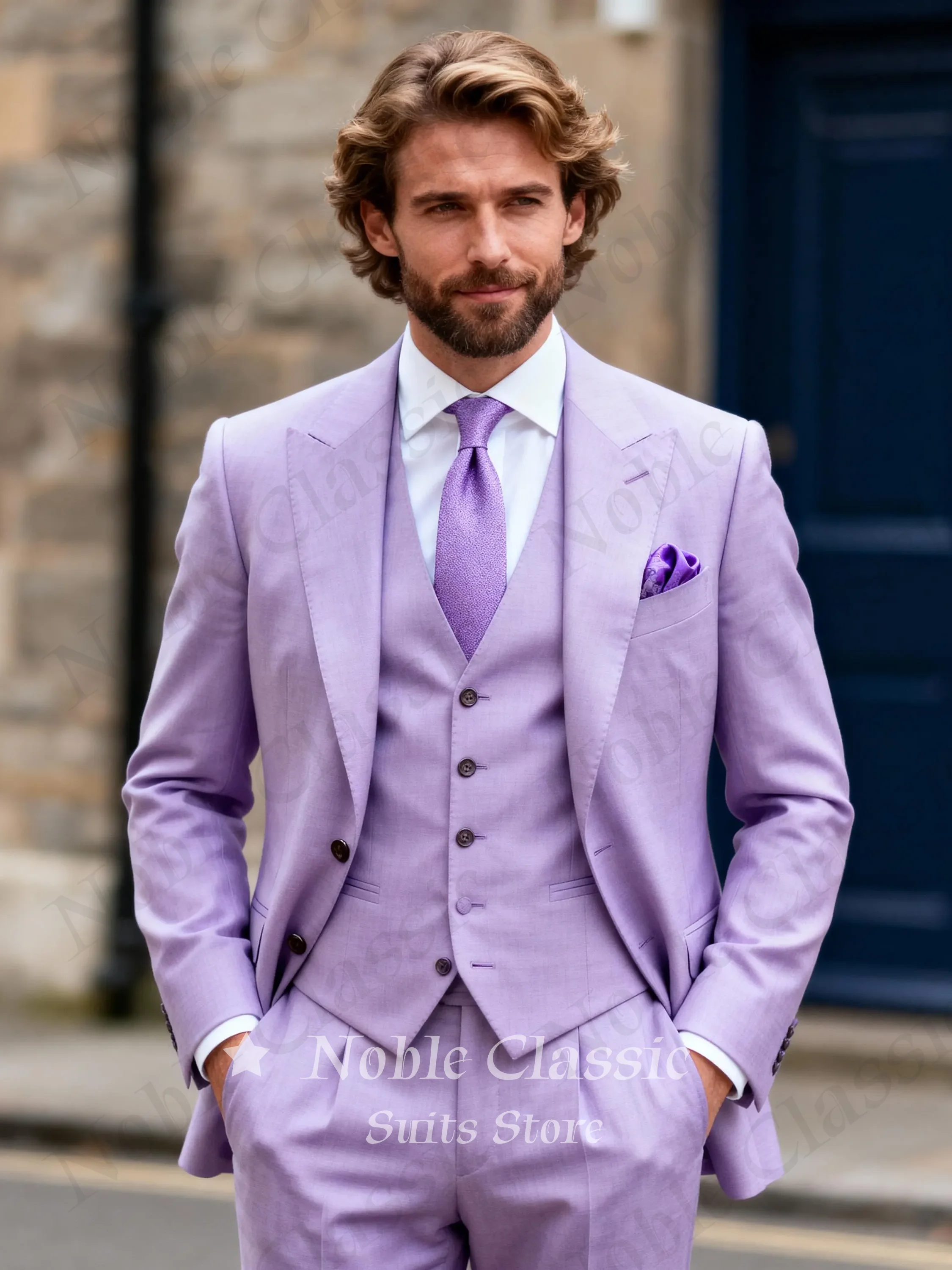 

3 Piece Suit Lilac Slim Fit Single Breasted Blazer Vest Pleated Pants Wedding Groom Outdoor Banquet Spring Summer Customized