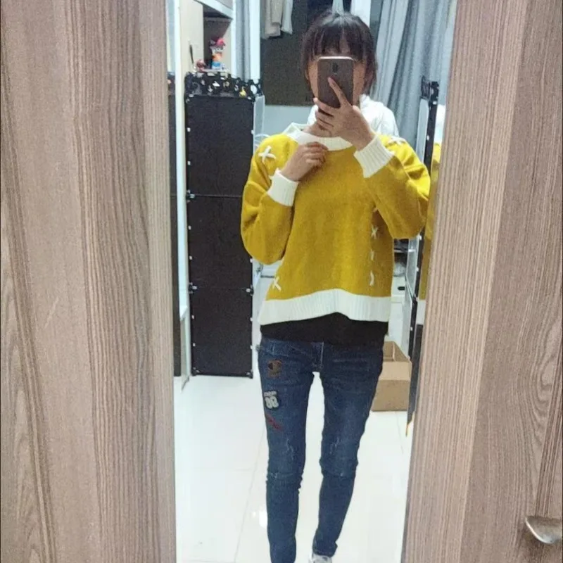 Women Spring Autumn Yellow Patchwork Knitted Pullover Sweaters Sweet O-Neck Front Short Back Long Slit Knit Pullover Cottagecore