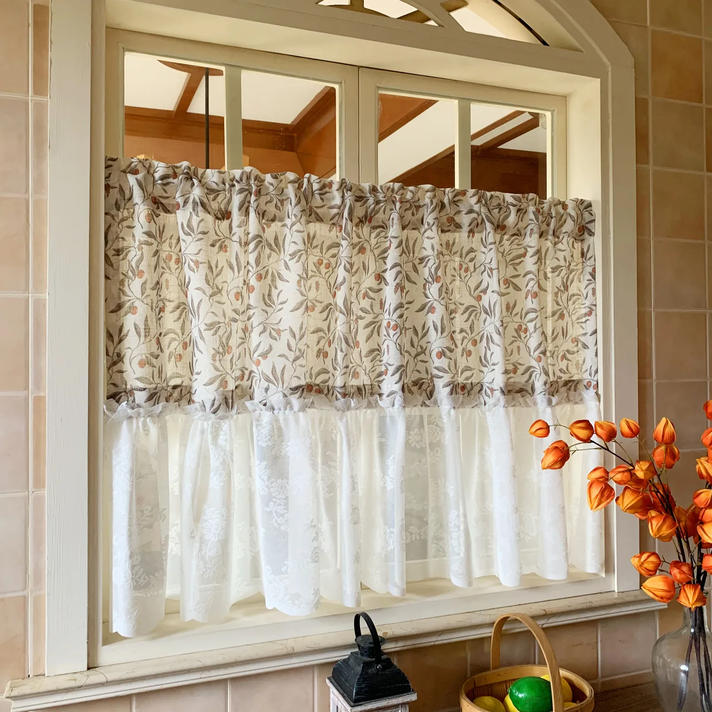 Modern Simple Lace Print Patchwork Curtain, Warm Tone Short Curtains, Filter Light Sunshade Dustproof, Bedroom Living Room Decor