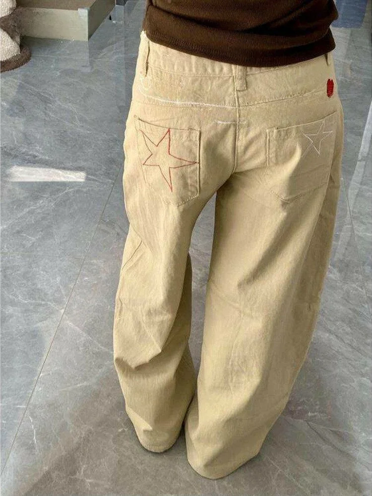 Calças Estilo Americano com Bordado em Estrela Caqui, Jeans Casuais de Corte Reto para Homens e Mulheres, Cintura Média, Zípe...