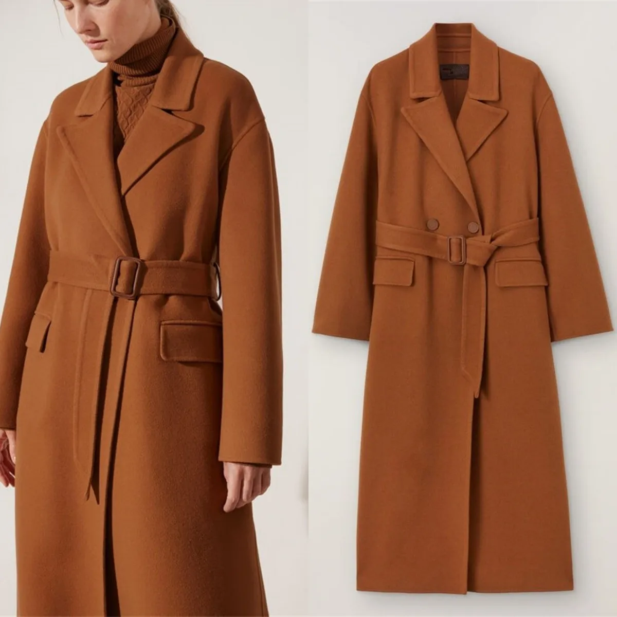 Costume Long en cachemire pour femmes, manteau Blazer avec ceinture, Trench-Coat en laine, veste large, cravate à la taille, tenue sur mesure