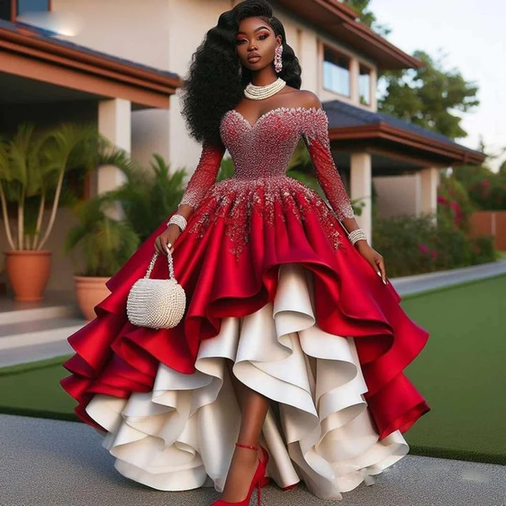 

Shining Red And White Off The Shoulder Prom Dresses Long Sleeves Puffy High Low Evening Gowns Girls Cocktail Party Dress
