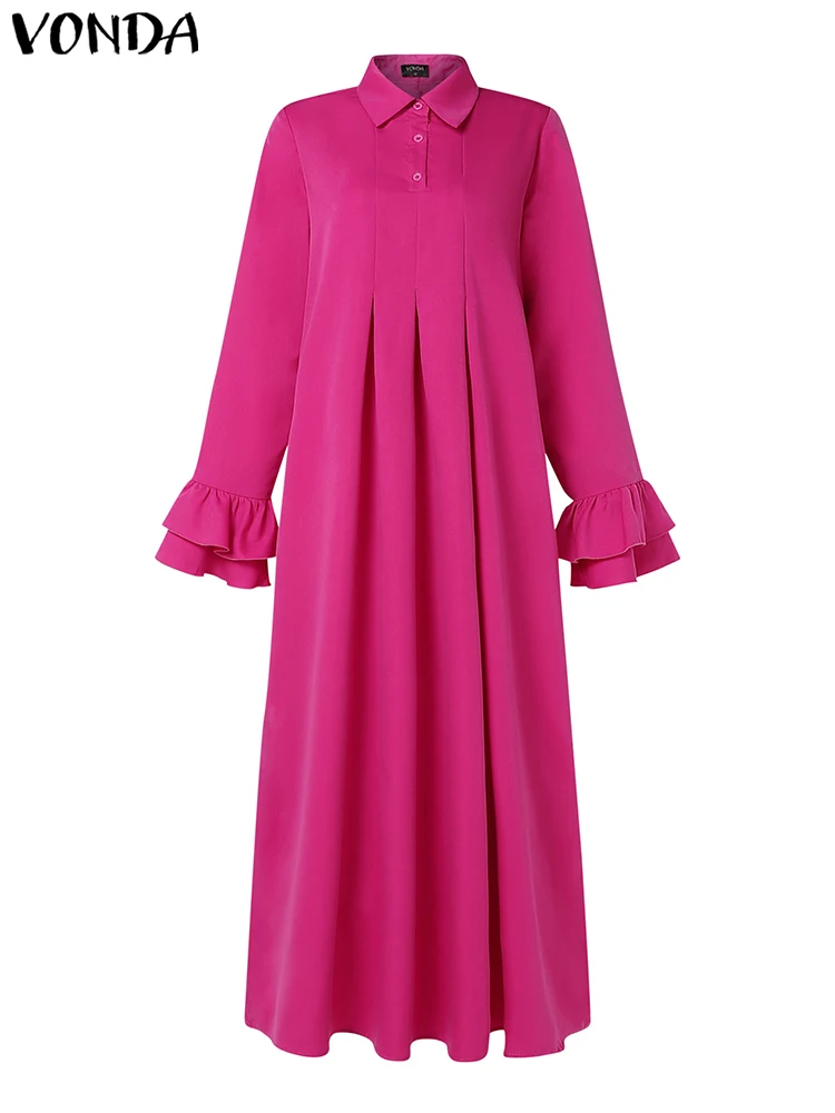 2025 Women Elegant Solid Color Maxi Long Dress Ruffle Pleated Dress VONDA Casual Loose Sundress Lapel Collar Long Sleeve Robe