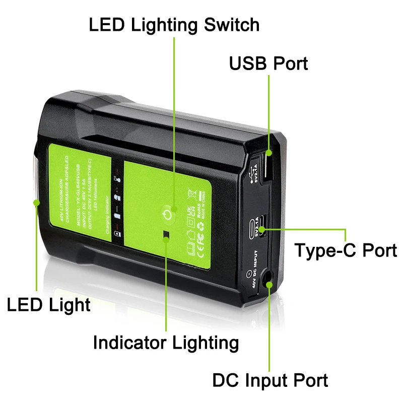 Power Adapter For GreenWorks 40V Lithium Battery Power supply Adapter convert With USB 5V 2.1A And LED Light DC Tool Charger