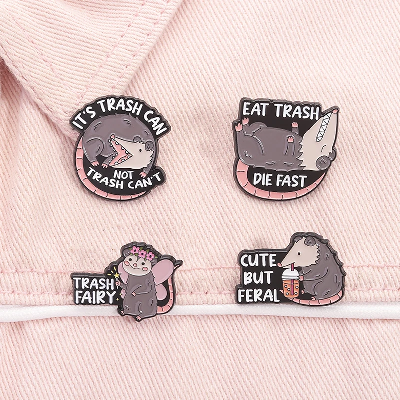 Cute Opossum Enamel Pins Trash Fairy Holding Fairy Sticks Eat Trash Die Fast Screaming Possum Brooches Lapel Badge Jewelry Gifts