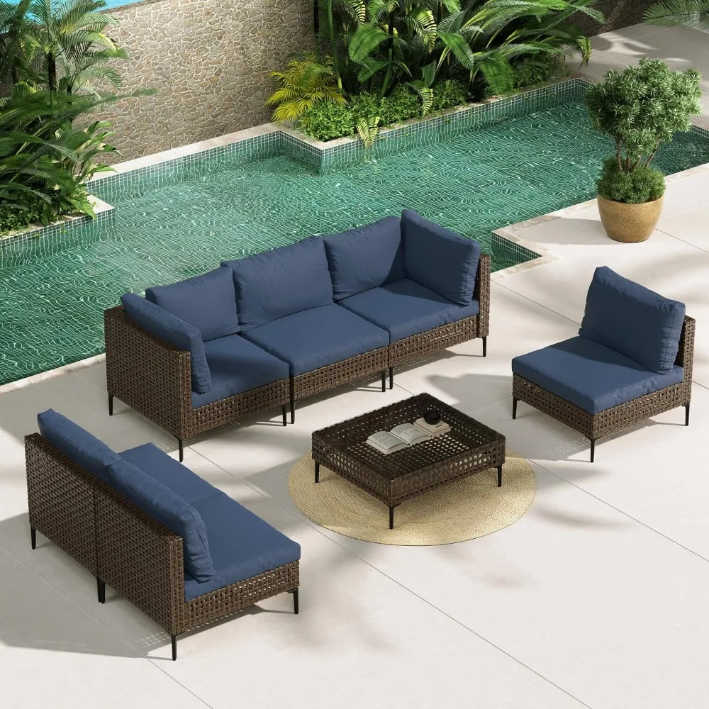 7-piece Wicker Patio furniture set, outdoor conversation set, segmented sofa with waterproof blue thick cushion and coffee table