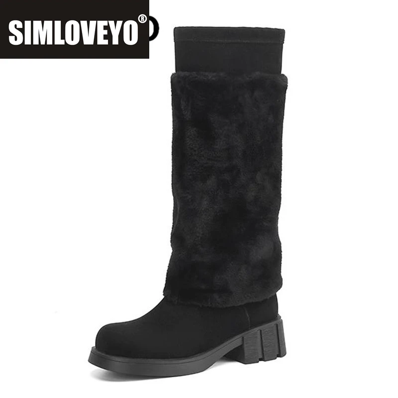 

SIMLOVEYO Женские зимние зимние ботинки с плюшевым круглым носком и блочным каблуком 4,5 см, слипоны разных цветов, большой размер US12 41 42 43 Теплые сапоги до колена