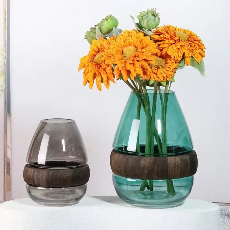 Nordic Glass Vase with Wooden Ring Modern Egg Shaped Flower Pot Home Table Centerpiece Wedding Decoration Living Room