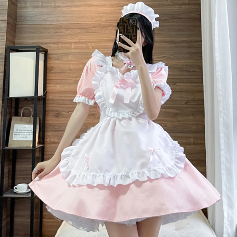 Japanese Anime Lolita French Maid Apron Fancy Dress Cosplay Costume for Women Role Playing Classic Waitress Maid Outfit Pink