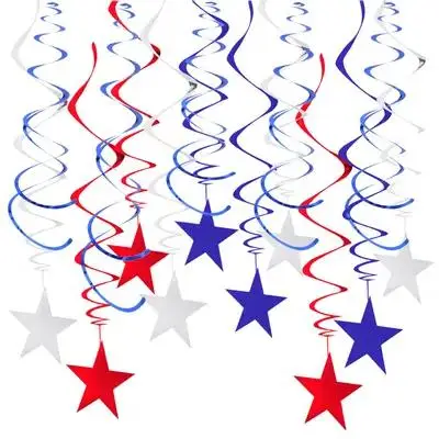 30 Piezas de Decoraciones Colgantes en Espiral con Forma de Estrella, Rojo, Azul y Plateado, para el Día de la Independencia, Decoración Patriótica para Techo, Ventana y Puerta del 4 de Julio