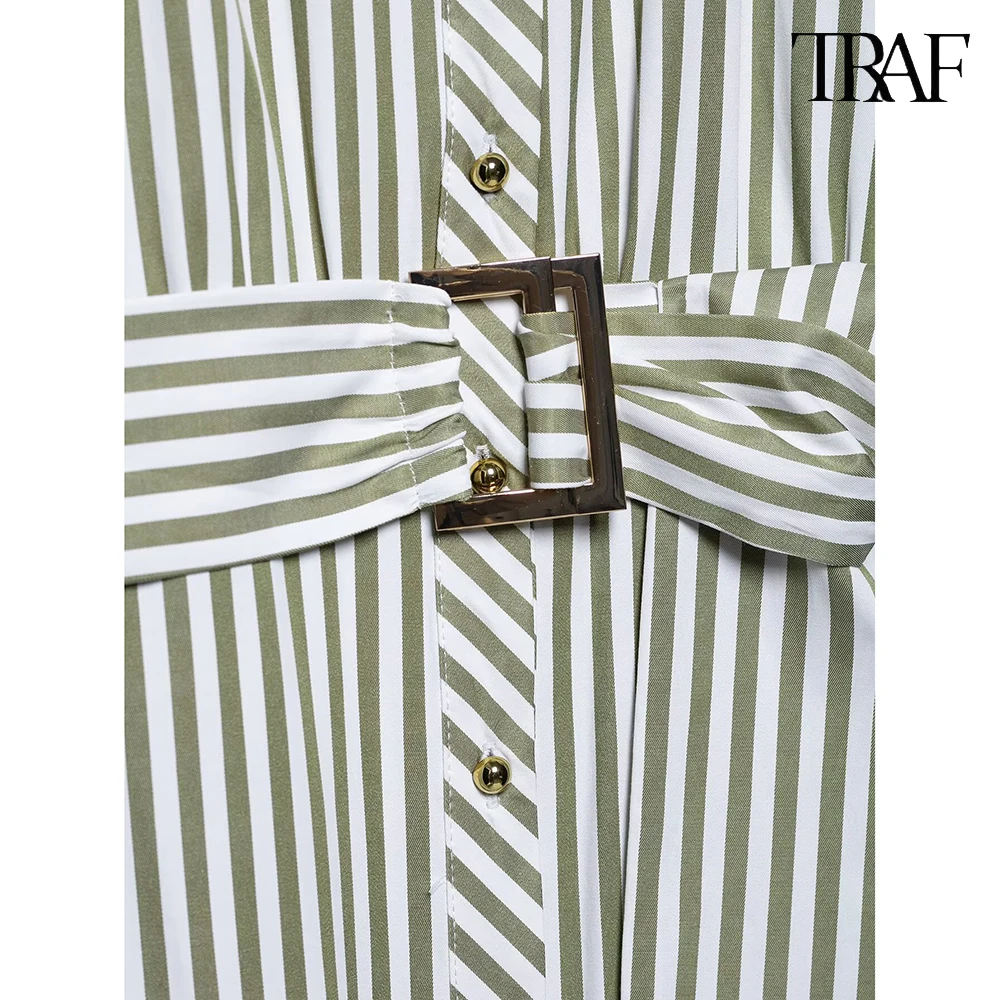 Women's New Lapel Long Sleeve Striped Dress Single-breasted Belt Casual Long Dress Elegant Evening Party Womenswear