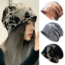 Tie-Dye Beanies for Women Girls Cotton Crimping Casual Heap Heap Hat Elastic Lazy Pullover Cap Korean Versatile Headscarf Bonnet