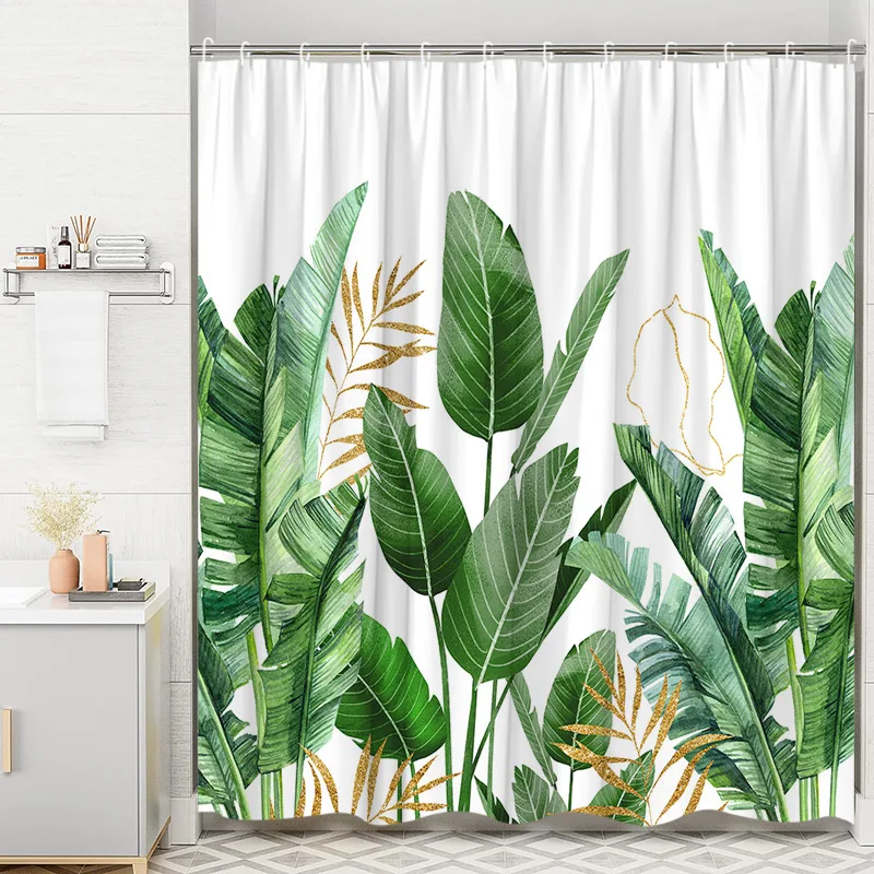 

Leaf Shower Curtain, Palm Leaf Tropical Plant Flower Green Farm Polyester Printed Home Bathroom Decor with Hooks