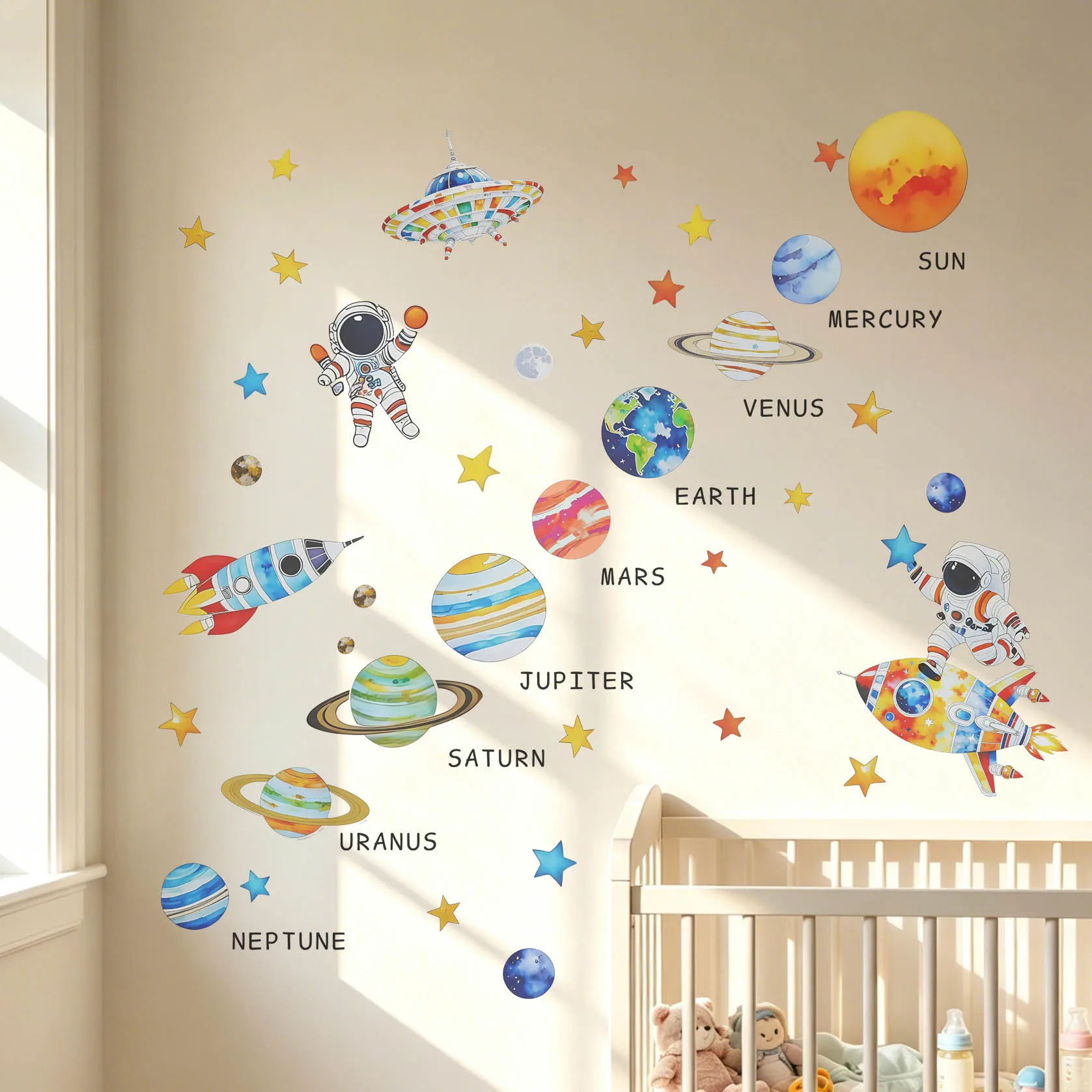 Starry Sky Astronaut Rocket Disc Wall Decoration with Nine Planets Background, Removable for Children's Room or Living Room Wall