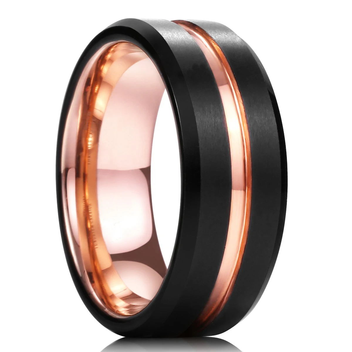 Fashion 8mm Men Black Brushed Stainless Steel Ring Rose Gold Line Groove Beveled Edge Engagement Ring Men Wedding Band Wholesale