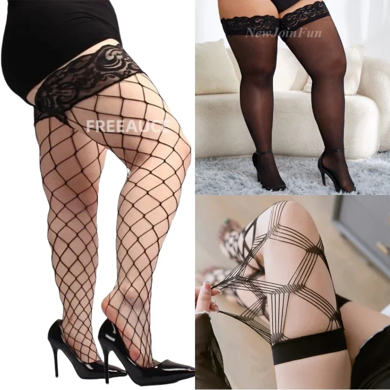 Medias de encaje Sexy para mujer, calcetines finos de rejilla, talla XXL, Plus