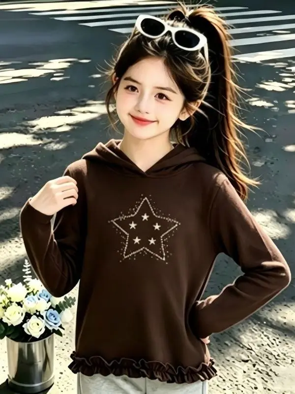 Loose Long Sleeve Star Print Hoodie for Girls Autumn Season Fashionable Base Layer Shirt Girls' Clothing Casual Wear