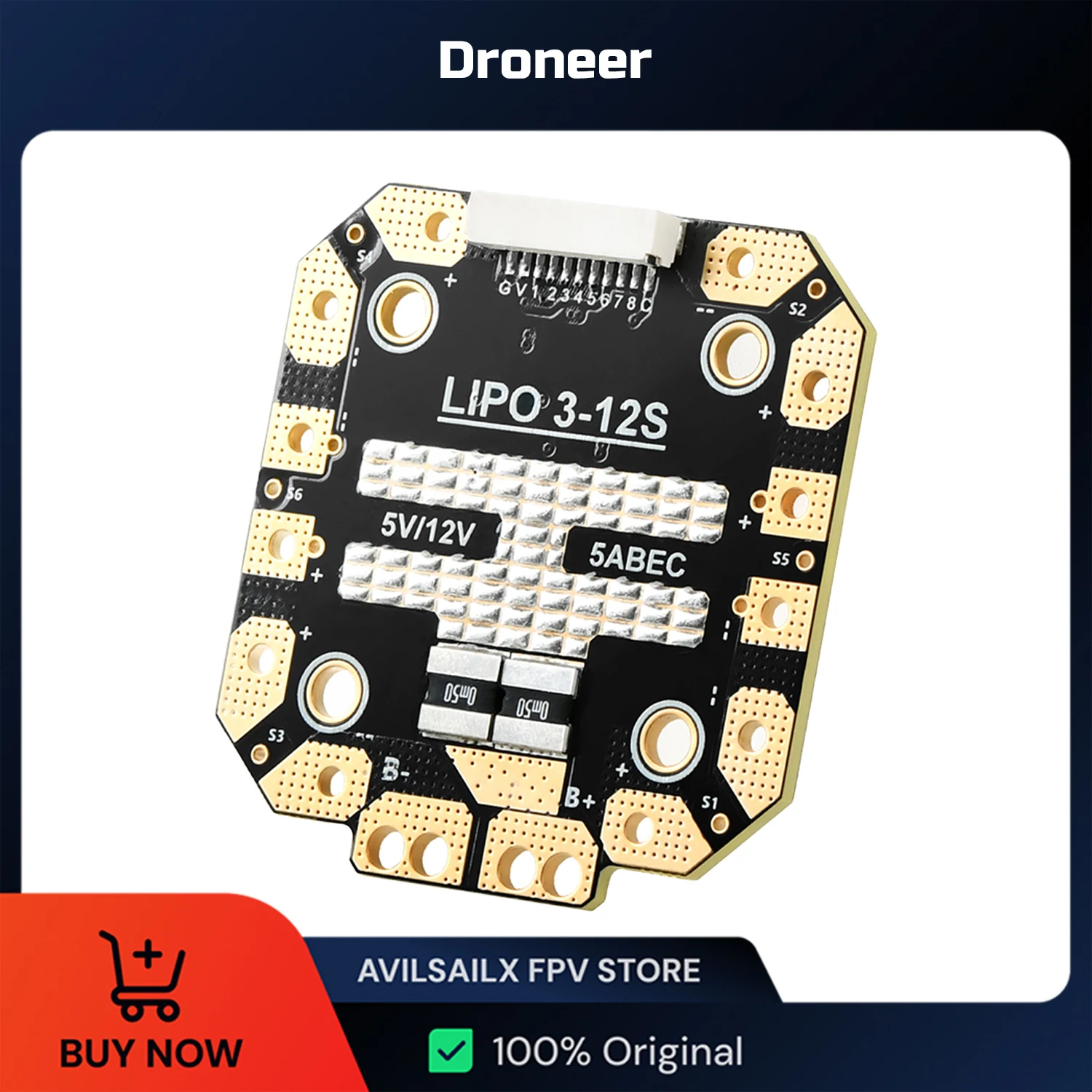

PDB6-100AM Robust Power Distribution Board Supporting 3-12S LiPo Battery Features an Onboard Ammeter BEC (5V/3A and 12V/3A)
