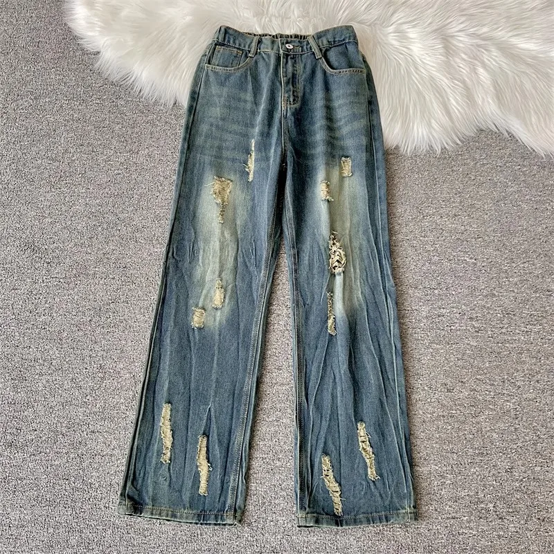 الصيف الرجال ممزق الجينز الرجعية غسلها مستقيم الساق السراويل الأمريكية عارضة أزياء خمر الشارع الشهير الذكور الدنيم السراويل