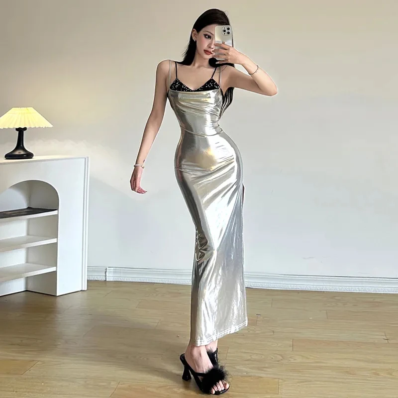 Seksowna, dopasowana, błyszcząca sukienka midi na ramiączkach damska moda Y2K gorące dziewczyny patchworkowa obcisła sukienka koreańska odzież uliczna impreza klub Vestidos nowa