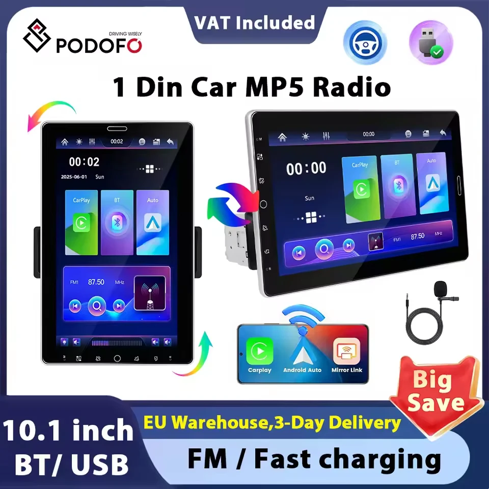 Autoradio Podofo 10.1 pouces avec écran rotatif 1 Din, compatible Carplay, Android Auto, Bluetooth, FM, AM, RDS, Mirror Link et port USB