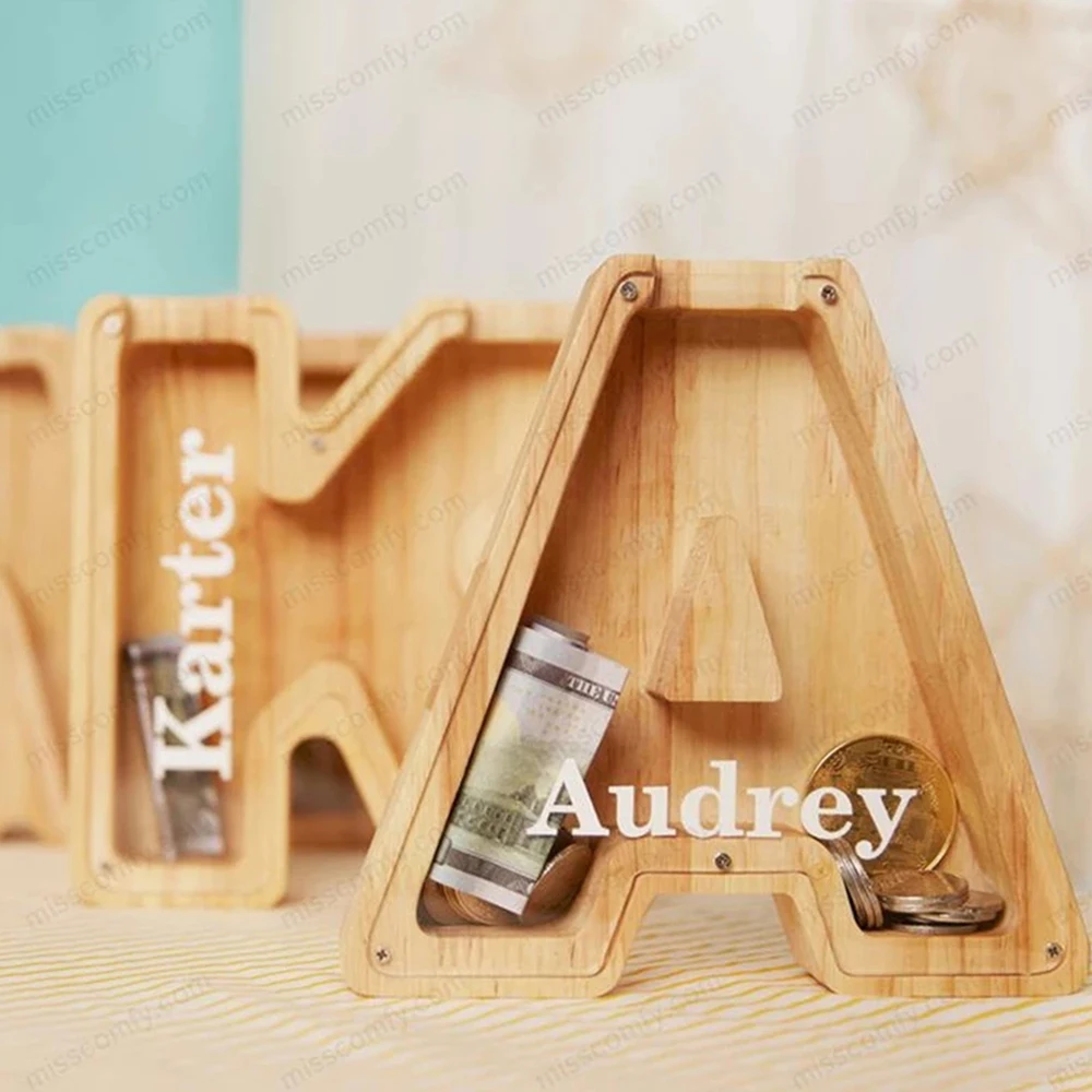 A to N English Letter Wooden Money Storage Box Jar Alphabet Saving Personalized Piggy Bank Coin