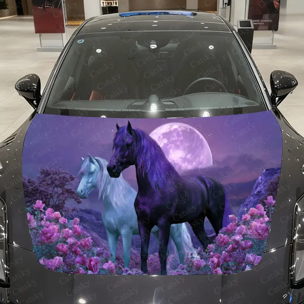 

Two Horses in Flower Realm Under Dreamy Purple Moon Car Vinyl Wrap, PVC Material Waterproof Car Hood Sticker, Self-Adhesive Scra