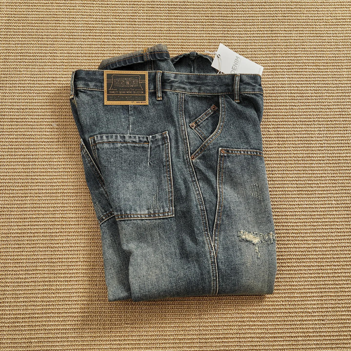 Heavy washed distressed ripped workwear jeans for men all seasons patch small straight tapered retro  pants