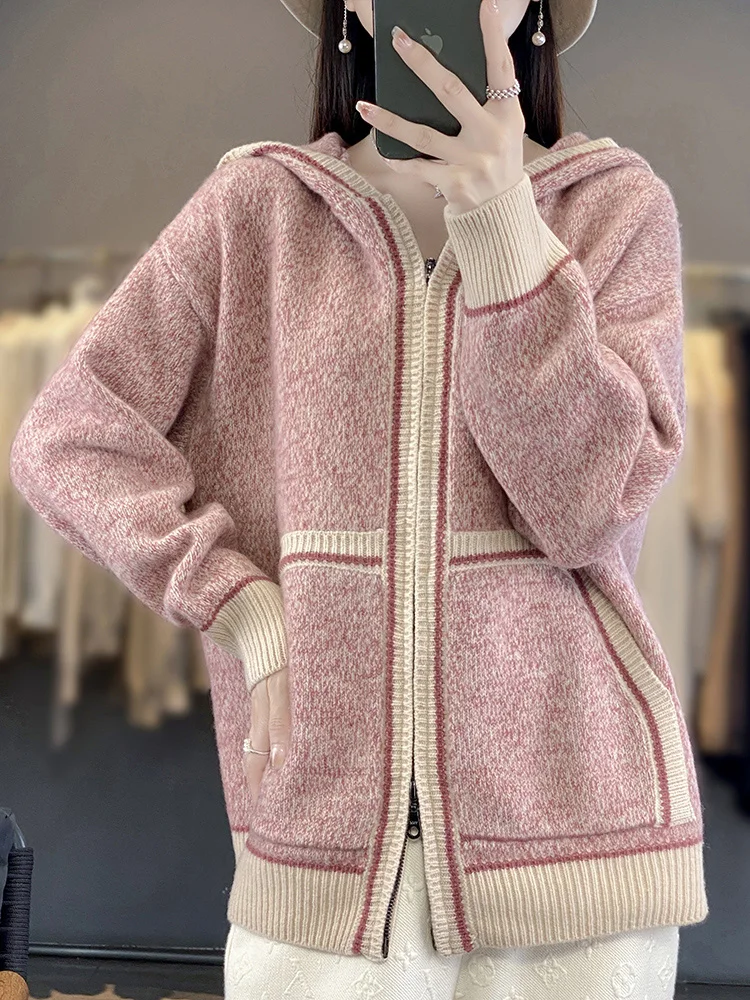 Autumn Winter New Cashmere Zipper Cardigan Women\'s Hooded Knit Coat Fashion Match Color Thicken Jacket Loose Large Size Hoodie