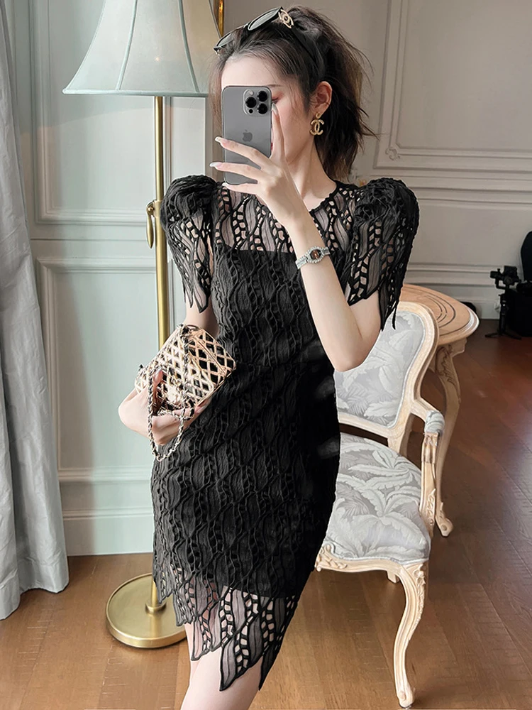 Abito da notte sexy alla moda per le donne Chic retrò trasparente trasparente in pizzo con maniche scavate abito aderente Party Club Date Abiti