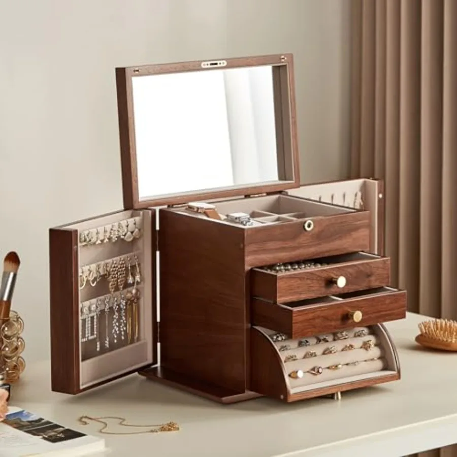 

Black Walnut Wooden Jewelry Box Wood Jewelry Organizer with 2 Side Doors Mirror Lockable Classical for Watch Necklace Ring Earr