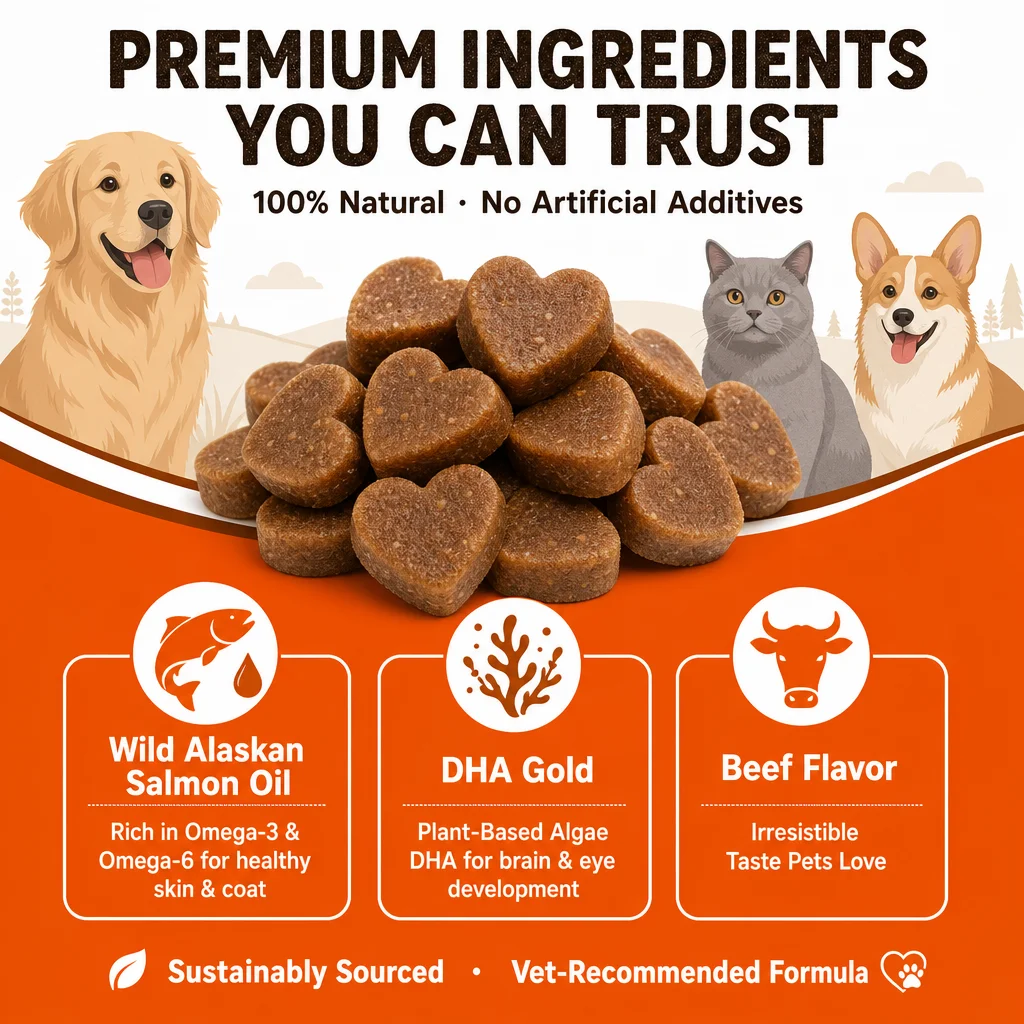 Salmon Omega-3 Multivitamin Soft Chews for Pets - Boost Immunity, Alleviate Itching, Support Heart Health & Enhance Eye Wellness
