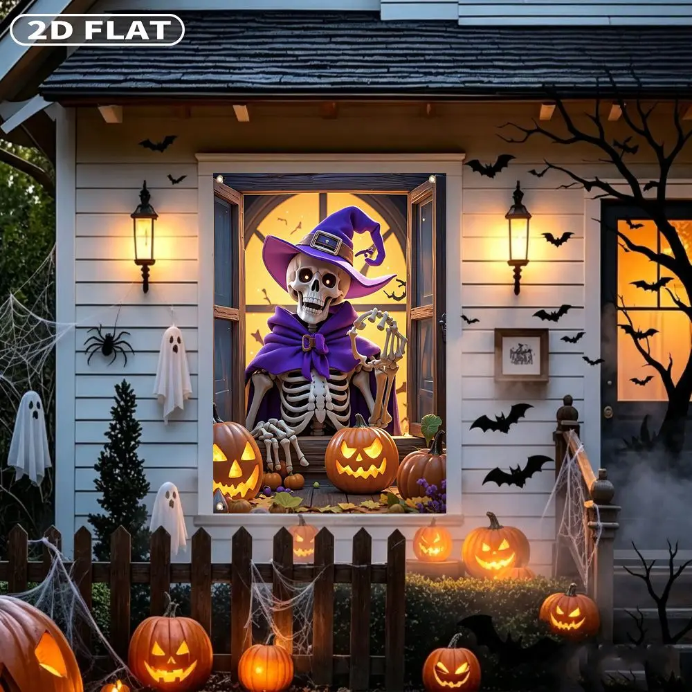 2D FLAT 1pc Party Banner, Halloween Window Cover with Skeleton Witch In Purple Hat With Pumpkins,122x88cm, Polyester