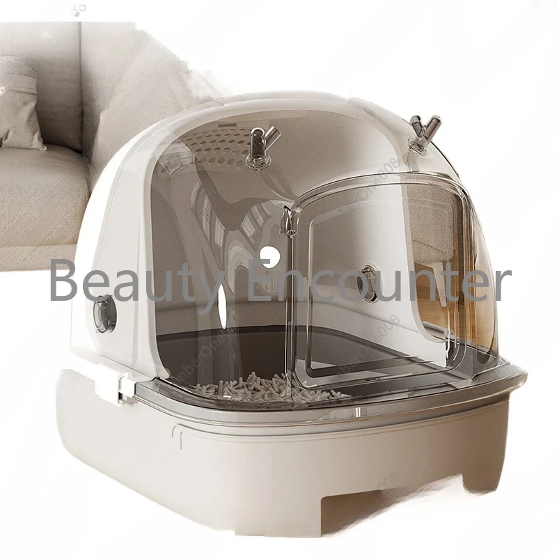 Litter Box Oversized Fully Enclosed Anti-Splash Cat Poop Basin Deodorant Drawer Transparent Lid Kittens Toilet