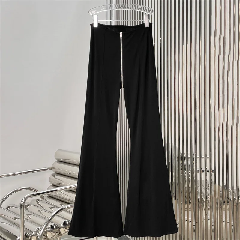 

Women's pants 2026 Spring new elastic slim fit flared pants Artificial silk low waist wide leg pants Zipper decoration trousers