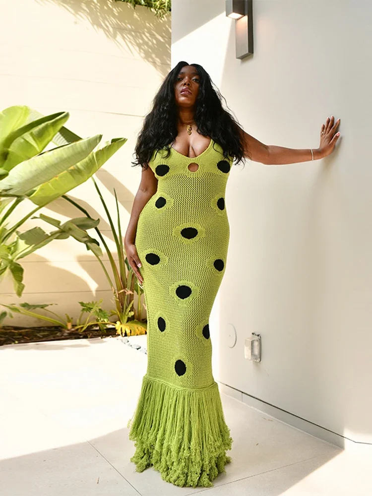 Polka Dot Patchwork Knitted Sling Dresses Backless Sleeveless Tassels Slim Fit Split Hollow Out Maxi Robe New Female Party Gown
