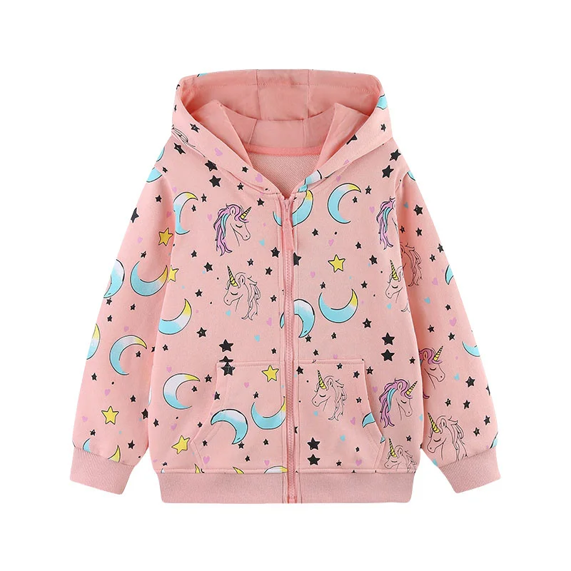 Jumping Meters Moon Unicorn Autumn Outwear Girls Clothes Hooded Shirts With Zipper Hot Selling Children's Jackets Spring Wear