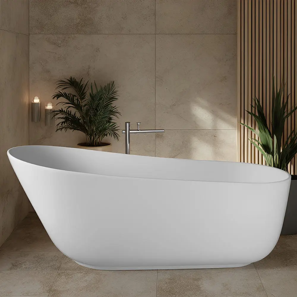 

Modern Acrylic Freestanding Soaking Bathtub Simple Oval Rectangular Design White Massage Includes Drainer for Hotel Indoor Use