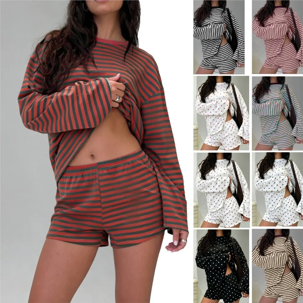 MsChuh Women's Matching Sets Two Piece Outfits 2 Pieces Set For Woman Trendy Fashionable Striped Shorts Long Sleeves All-match